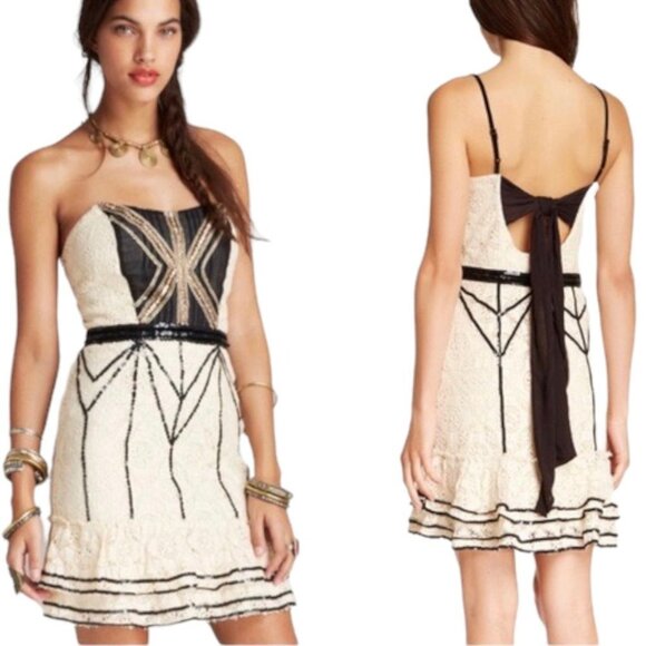 Free People Lace Coquette Mini Dress Size 12 US Ivory Black Sequin  Ruffle Retro - Picture 15 of 16